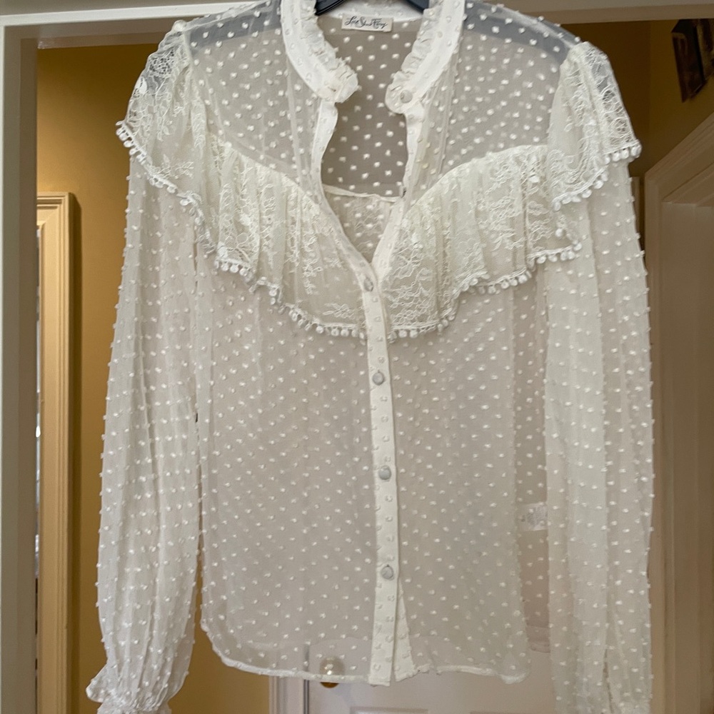 LoveShackFancy Erica Ruffle Swiss Dot and Lace Blouse- Size XS